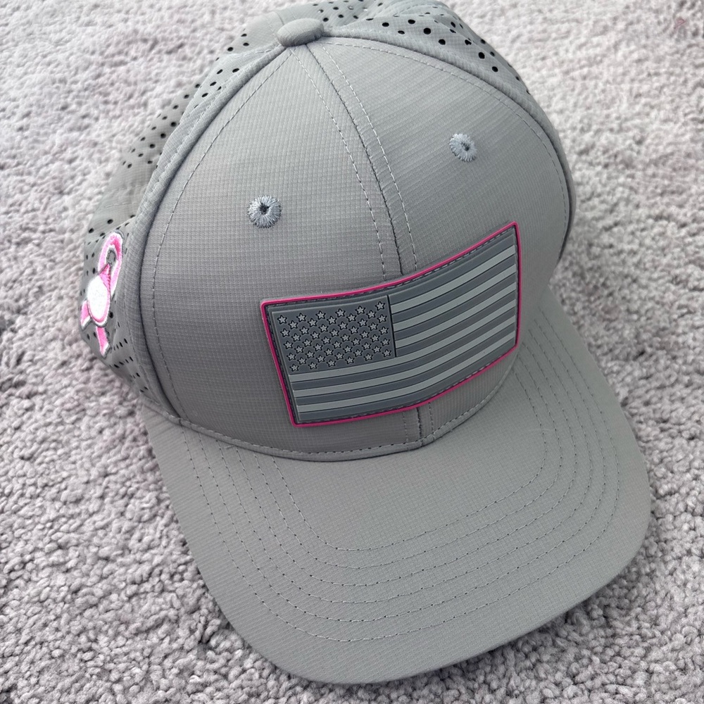 Patriotic Pink Ribbon Trucker Hat American Flag Save The Bouys Adjustable Grey